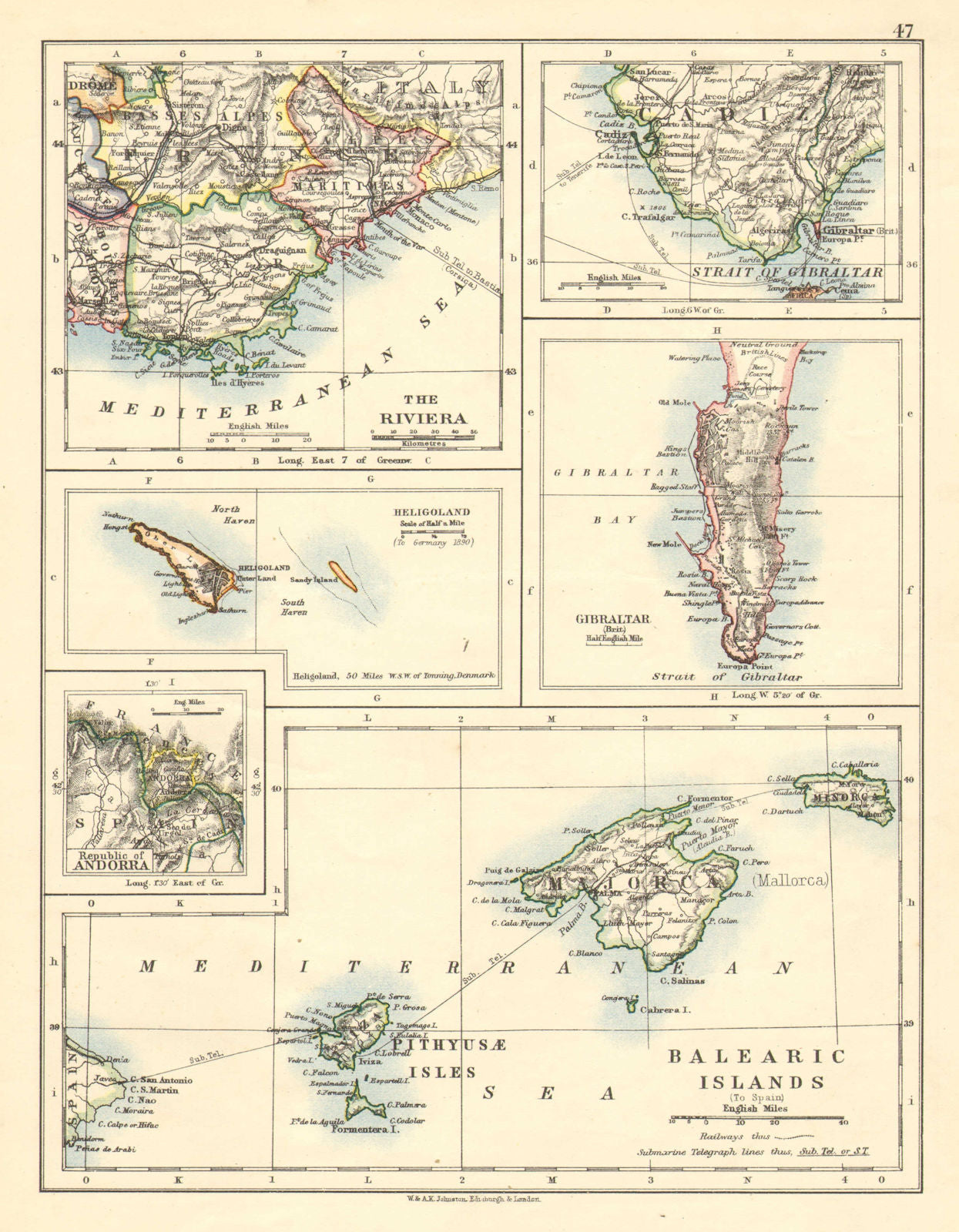 EUROPE.Balearic islands.Heligoland Gibraltar Andorra Riviera.JOHNSTON 1899 map